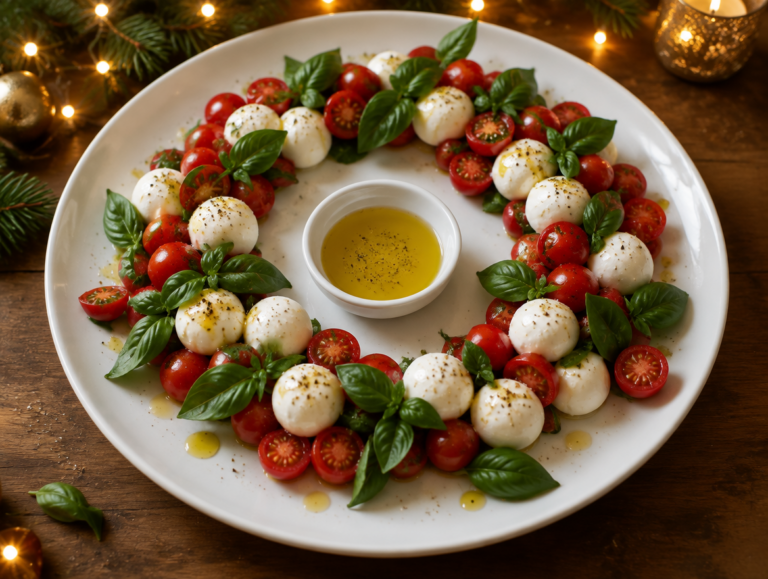 Caprese-kerstkrans met mozzarella en tomaat