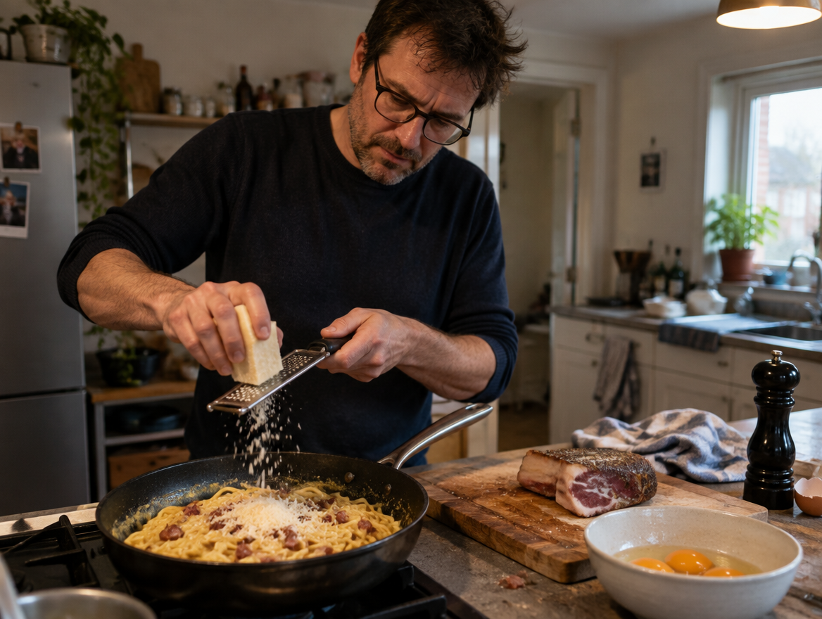 Man met bril rasp kaas over een pan spaghetti carbonara, naast een bakje eieren en een stuk varkenswang