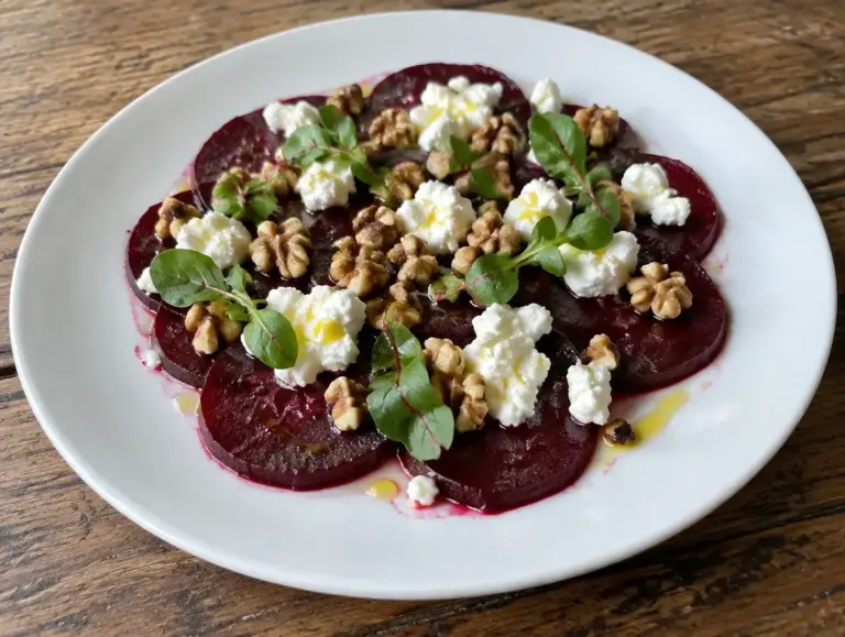 Carpaccio van rode biet met geitenkaas en walnoot