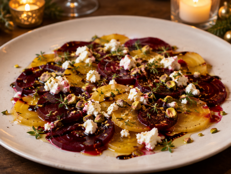 Carpaccio van biet met geitenkaas en pistache