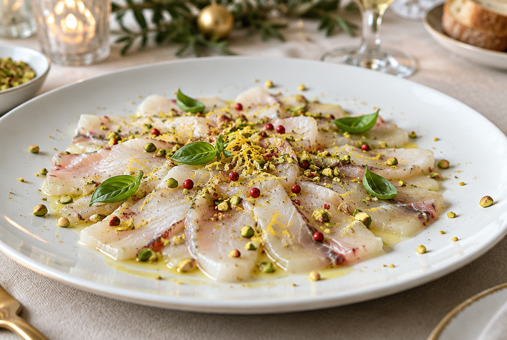 Carpaccio van zeebaars met citroen, pistache en roze peper op een wit bord