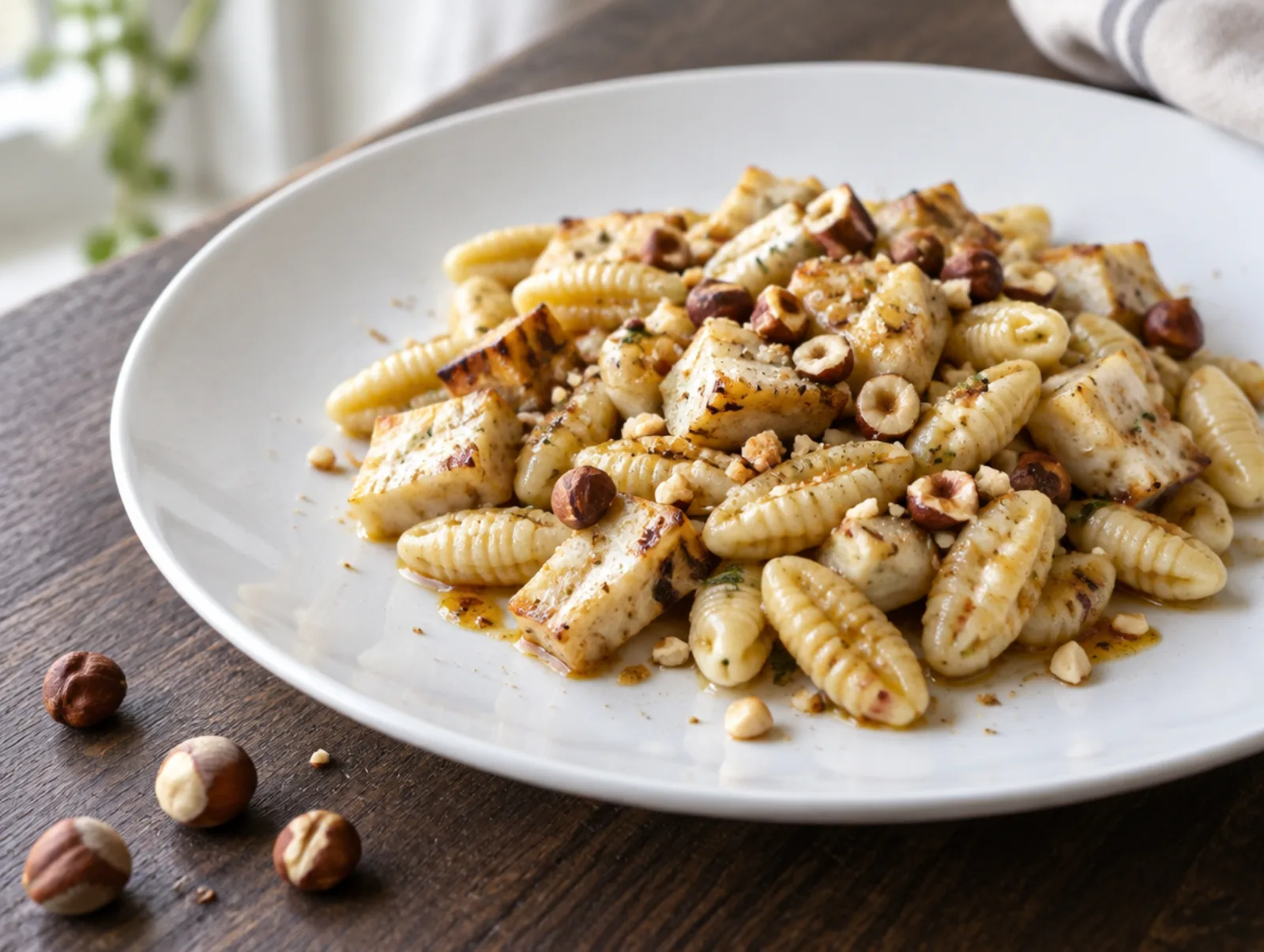 Cavatelli met geroosterde knolselderij en hazelnoot op een wit bord