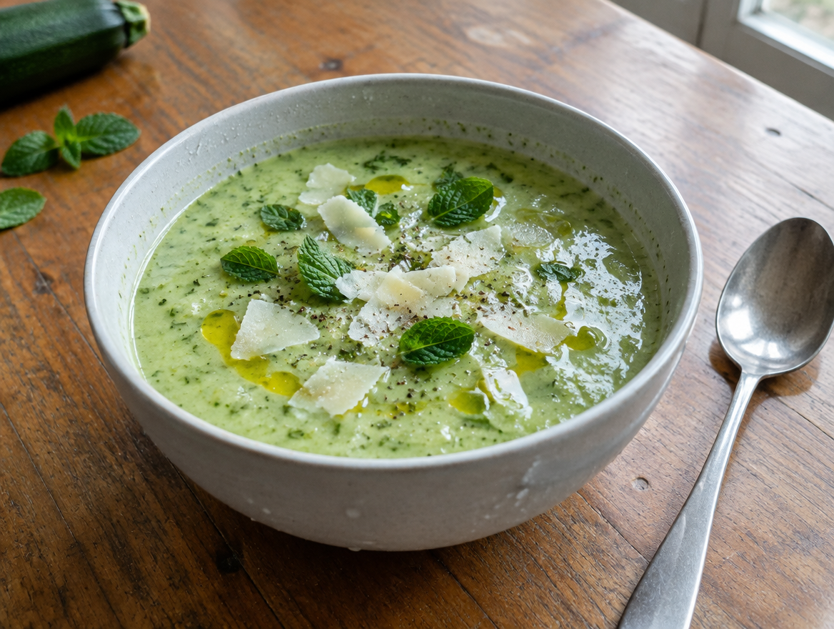 Koude courgette-muntsoep met pecorino