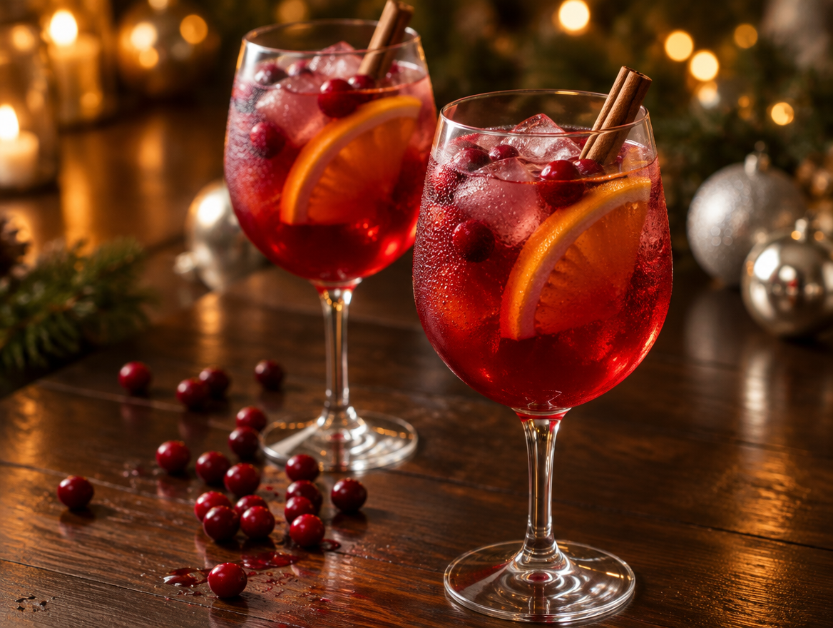 Cranberry-spritz met sinaasappel en kaneel in twee glazen