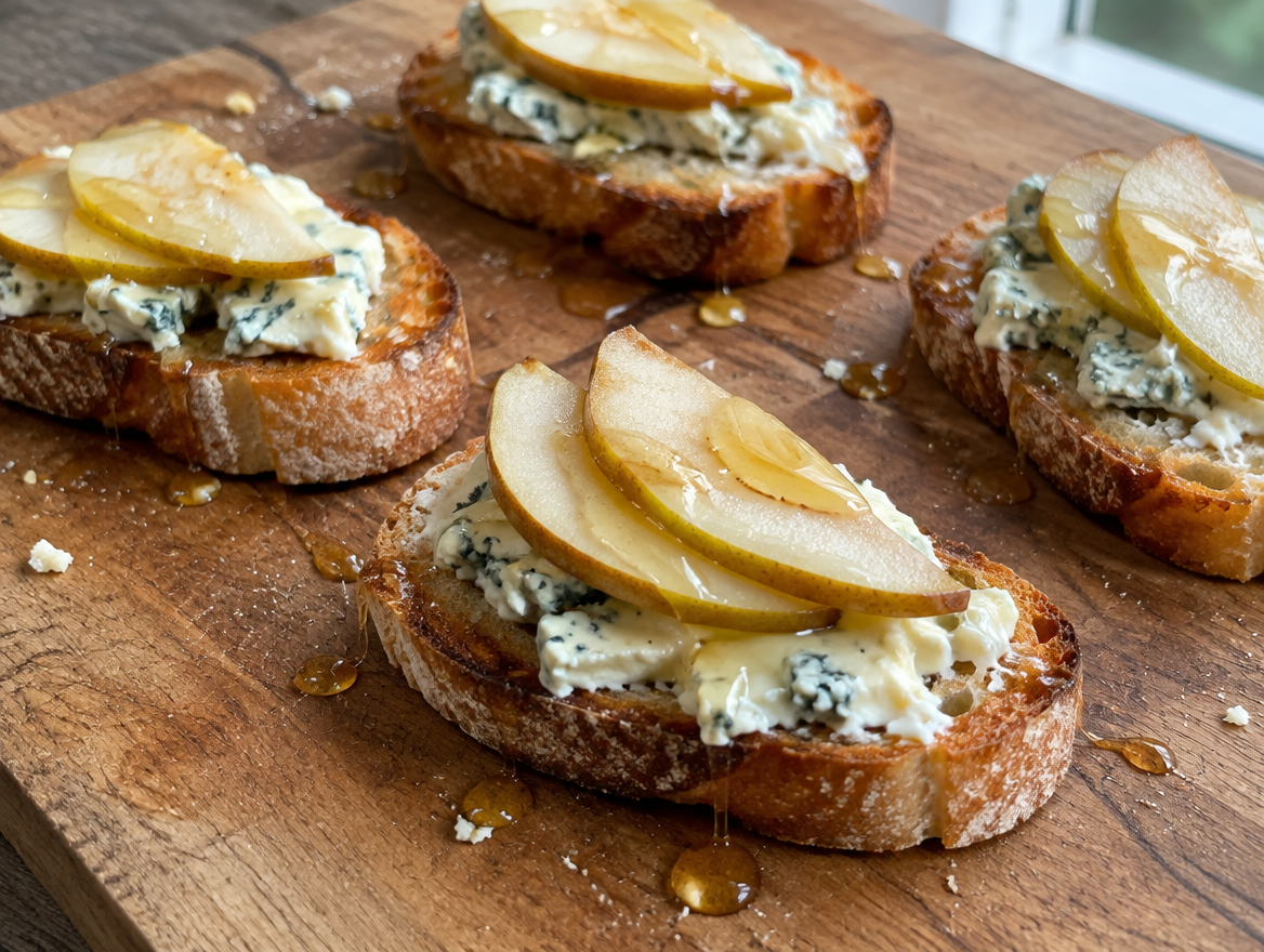 Crostini met gorgonzola, peer en honing op een houten plank