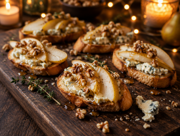 Crostini met gorgonzola, peer en walnoot