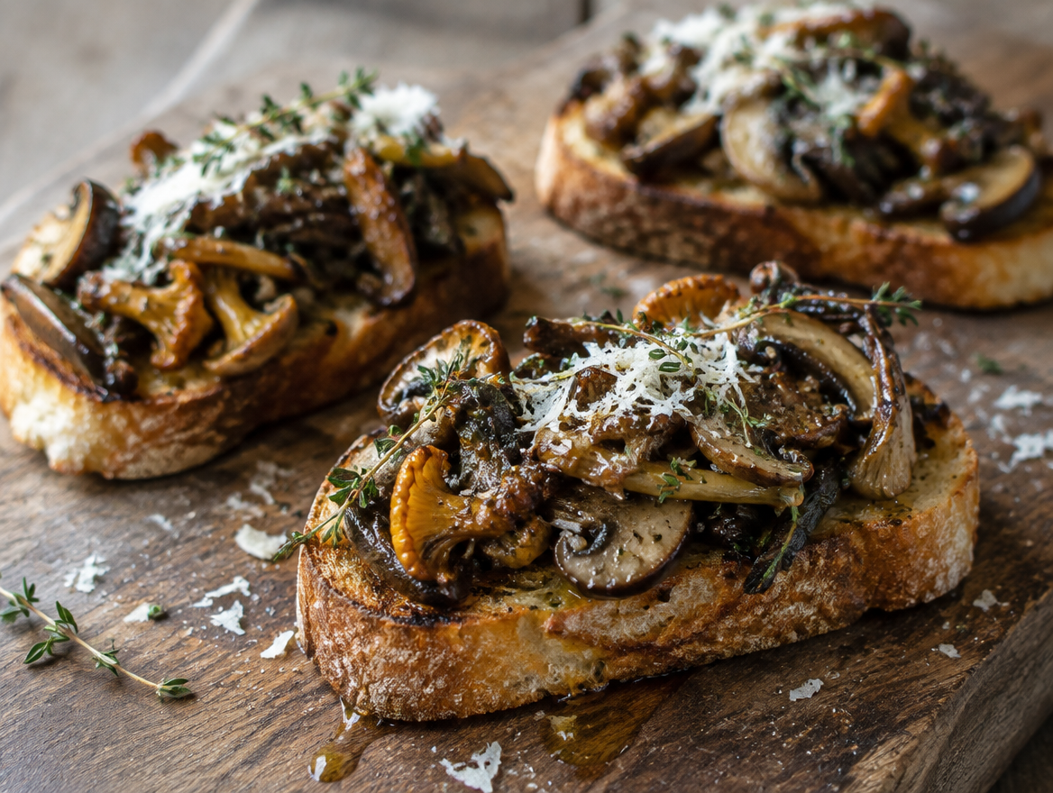 Crostini met paddenstoelen op een houten plank
