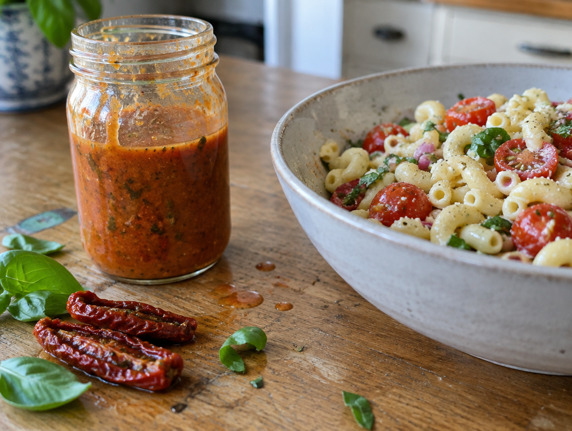 Dressing van zongedroogde tomaten in een glazen potje naast een macaronisalade met kerstomaatjes