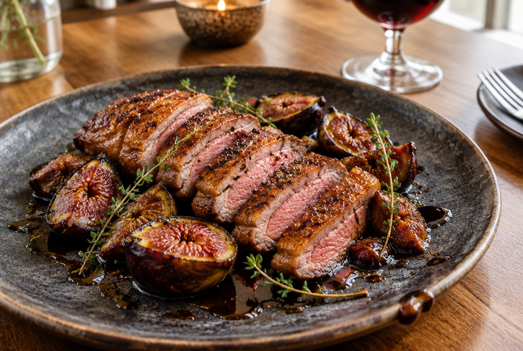 Eendenborst met vijgen en balsamico, in plakken gesneden op een donker bord