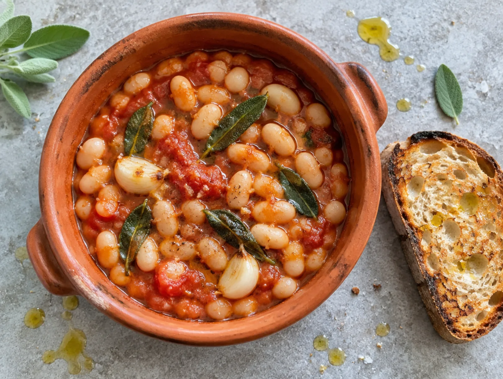 Fagioli all’uccelletto met salie en tomaat in een terracotta schaal