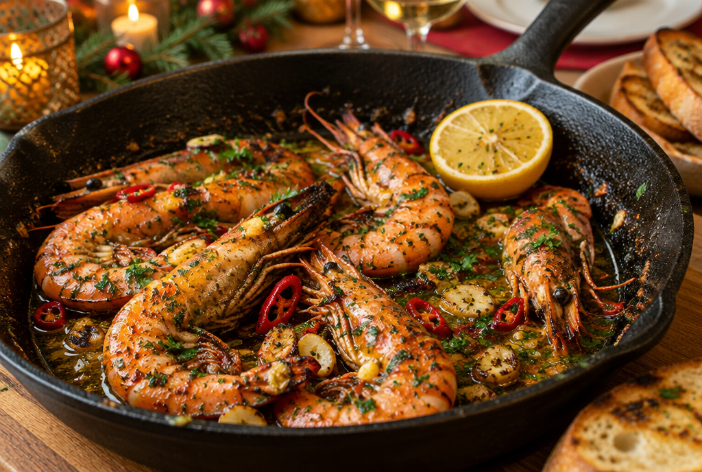 Gamba's met knoflook, chili en peterselie in een gietijzeren pan