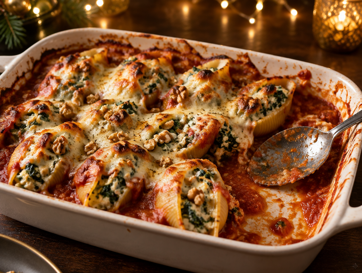 Gevulde conchiglioni met ricotta, spinazie en walnoot in een ovenschaal