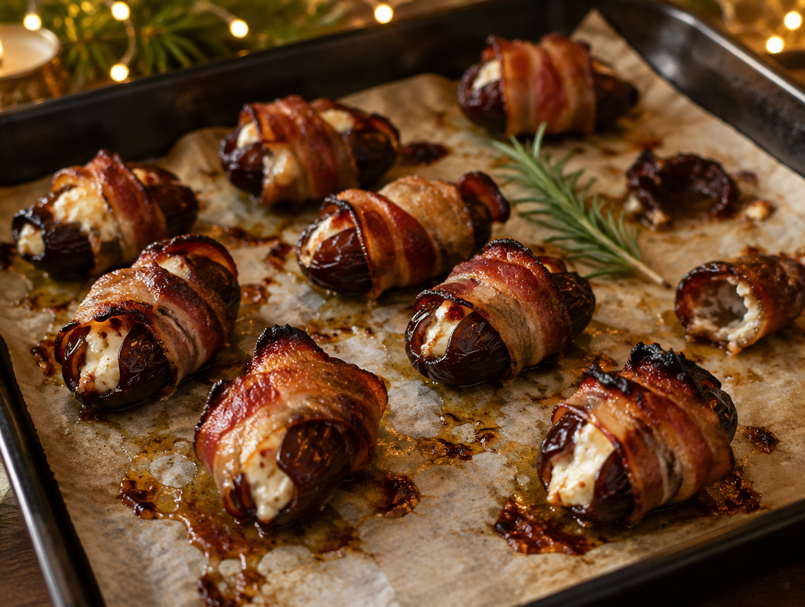 Gevulde dadels met mascarpone en pancetta op een bakplaat