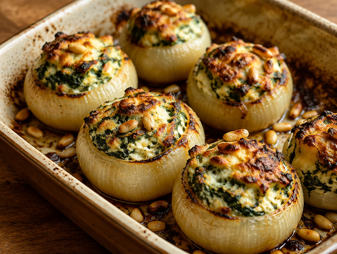Gevulde uien uit de oven met ricotta en spinazie