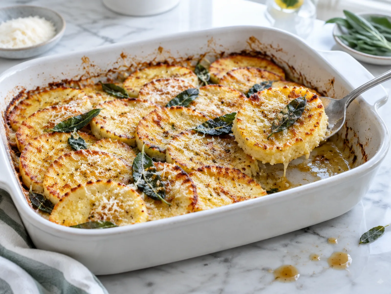 Gnocchi alla romana met parmezaan en salieboter in een ovenschaal