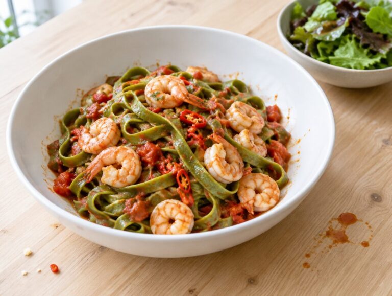 Scherpe groene tagliatelle met garnalen