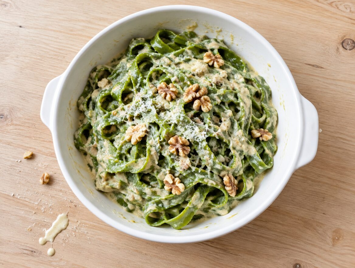 groene tagliatelle met notensaus van walnoten en Parmezaanse kaas
