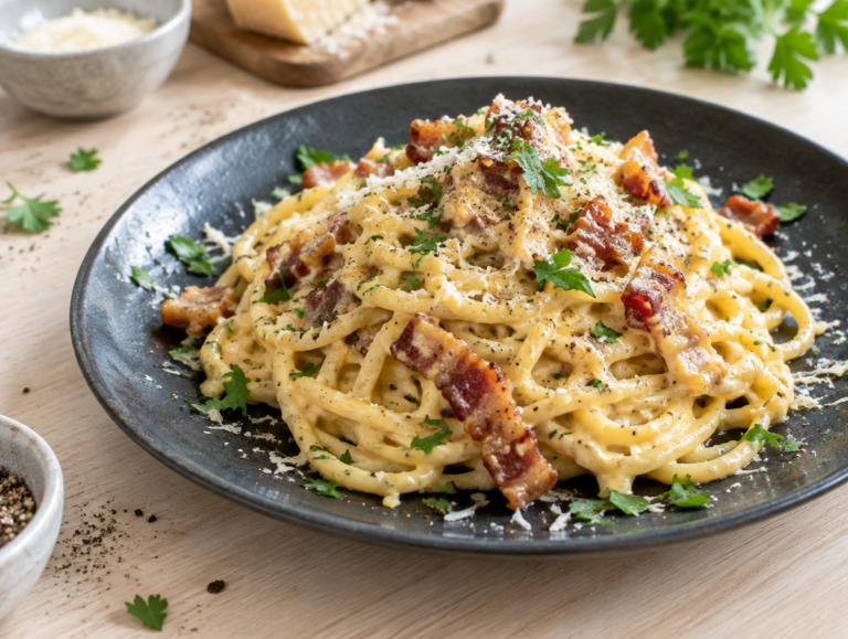 Klassieke spaghetti carbonara met ei en bacon