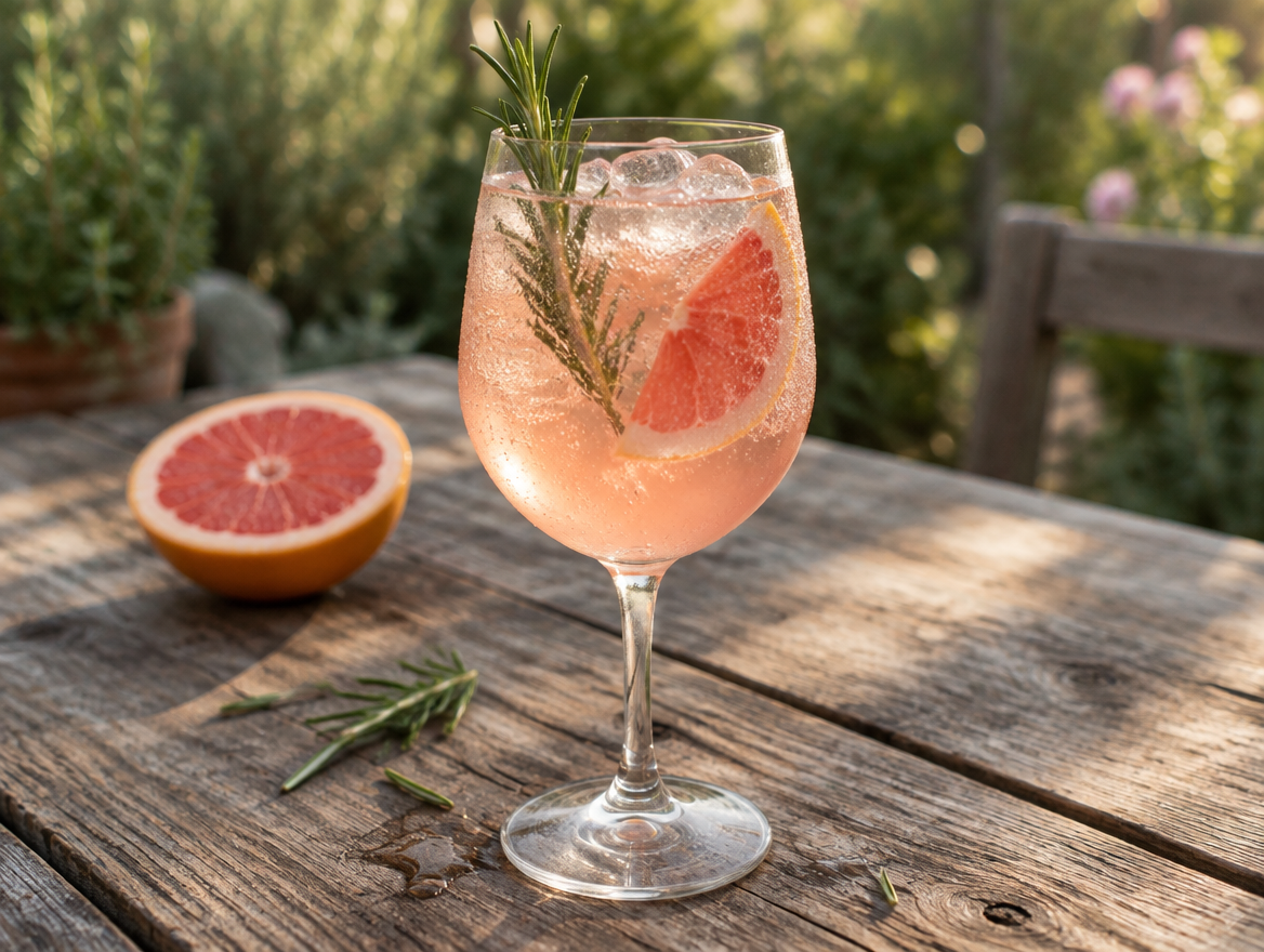 Grapefruit spritz met rozemarijn in een wijnglas op een houten tafel