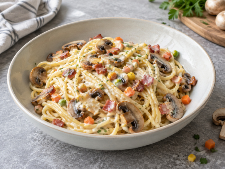 Spaghetti met spek, champignons en boursin
