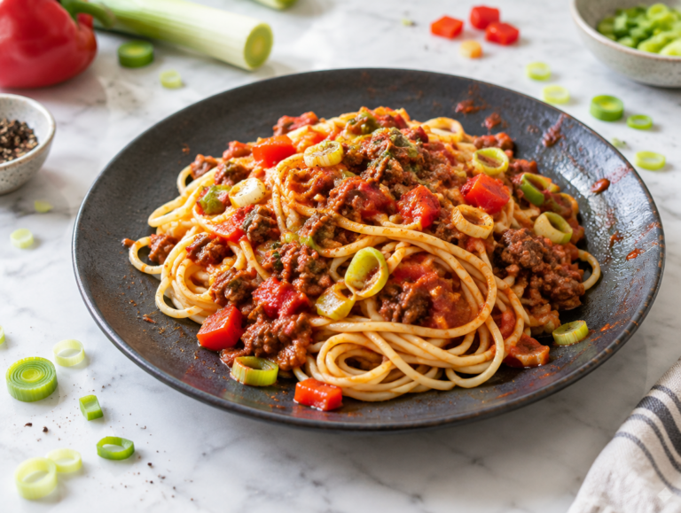 Spaghetti met gehakt, paprika en prei