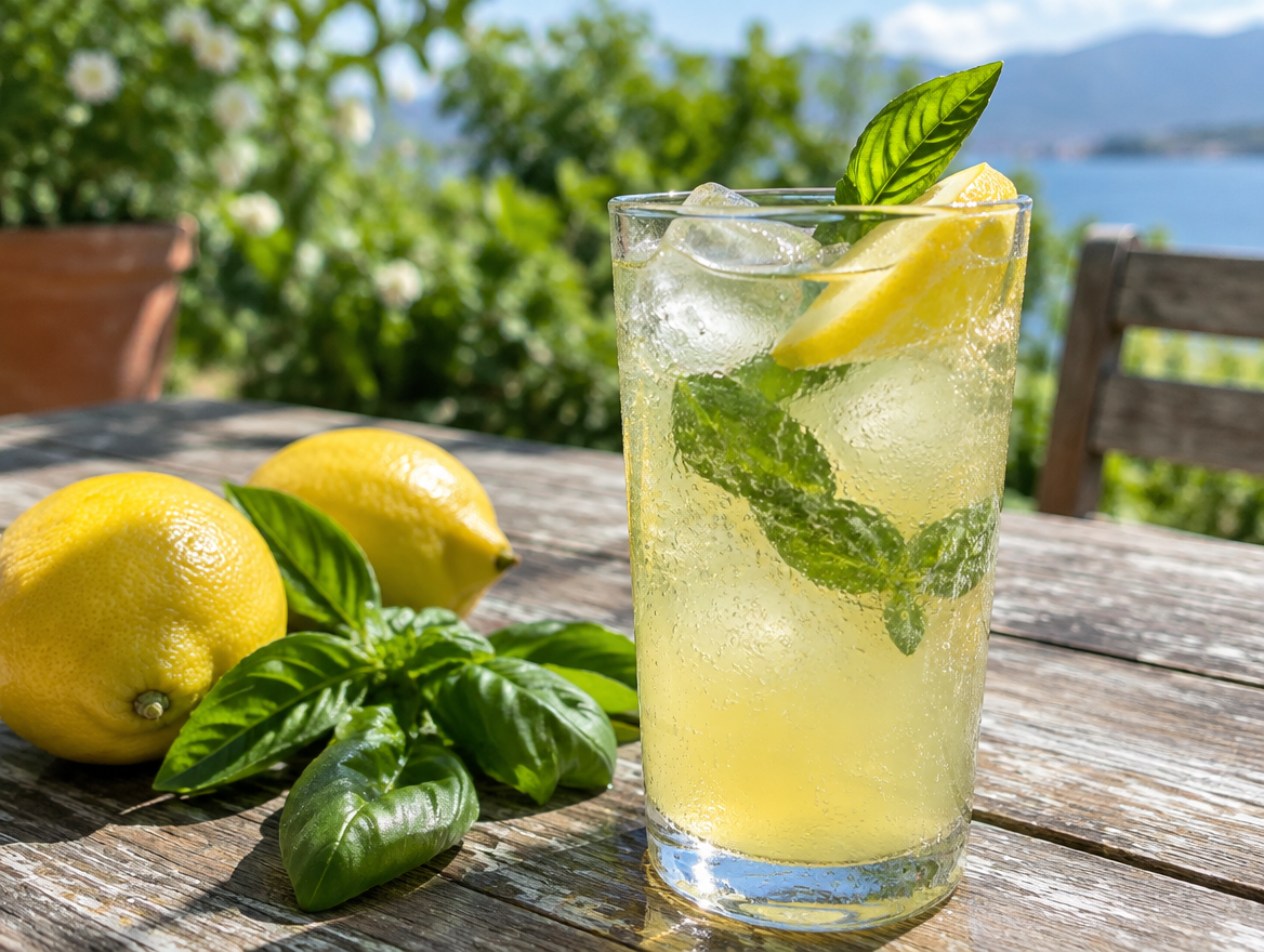 Basilicum limoncello fizz in een hoog glas met verse basilicum en citroen