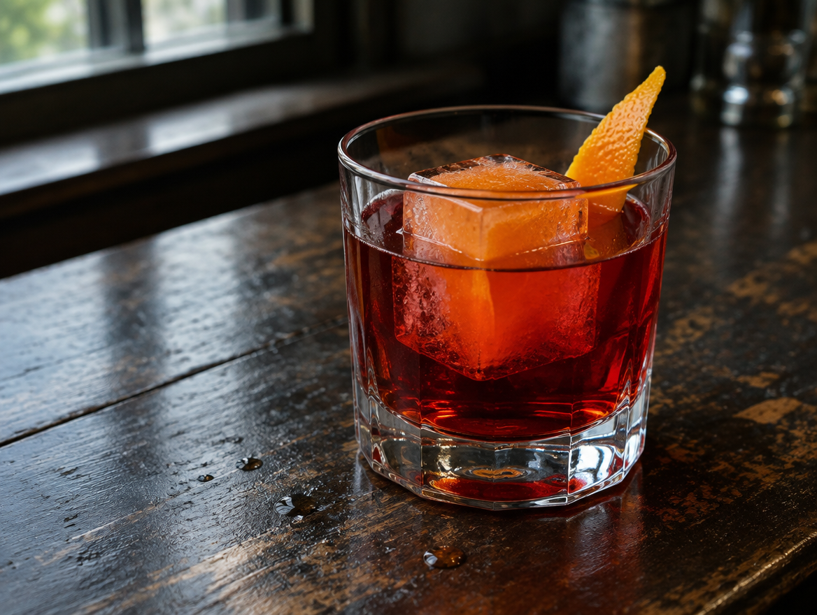 Negroni met sinaasappelijs in een zware tumbler op een donkere houten bar