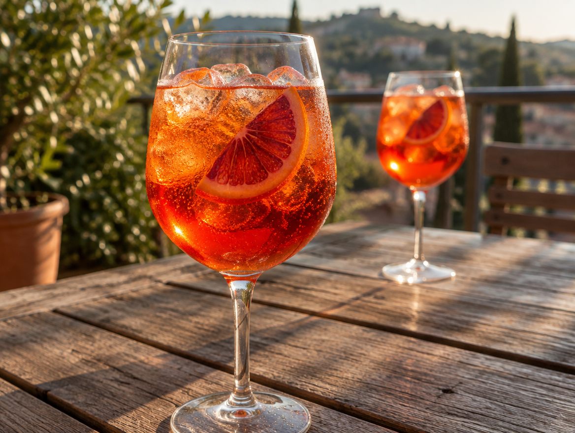 Aperol spritz met bloedsinaasappel in een wijnglas op een houten terrastafel