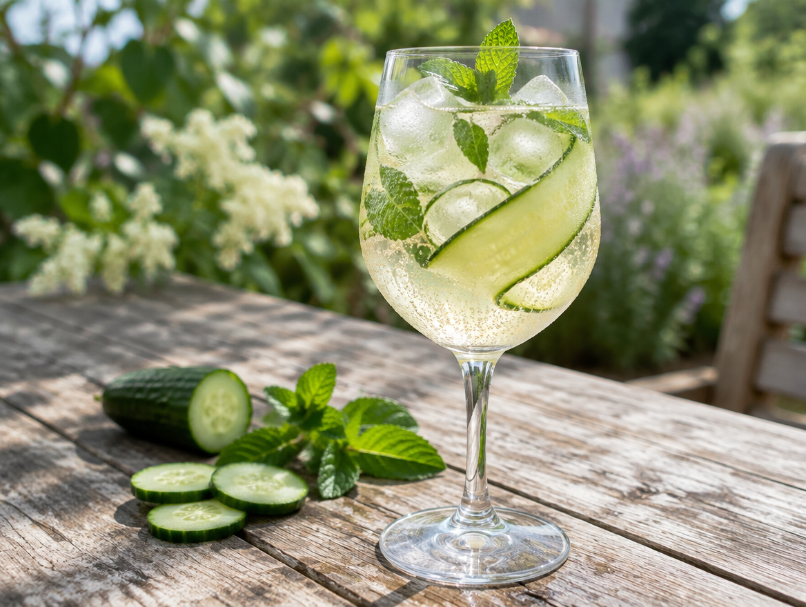 Vlierbloesem spritz met komkommer en munt in een wijnglas