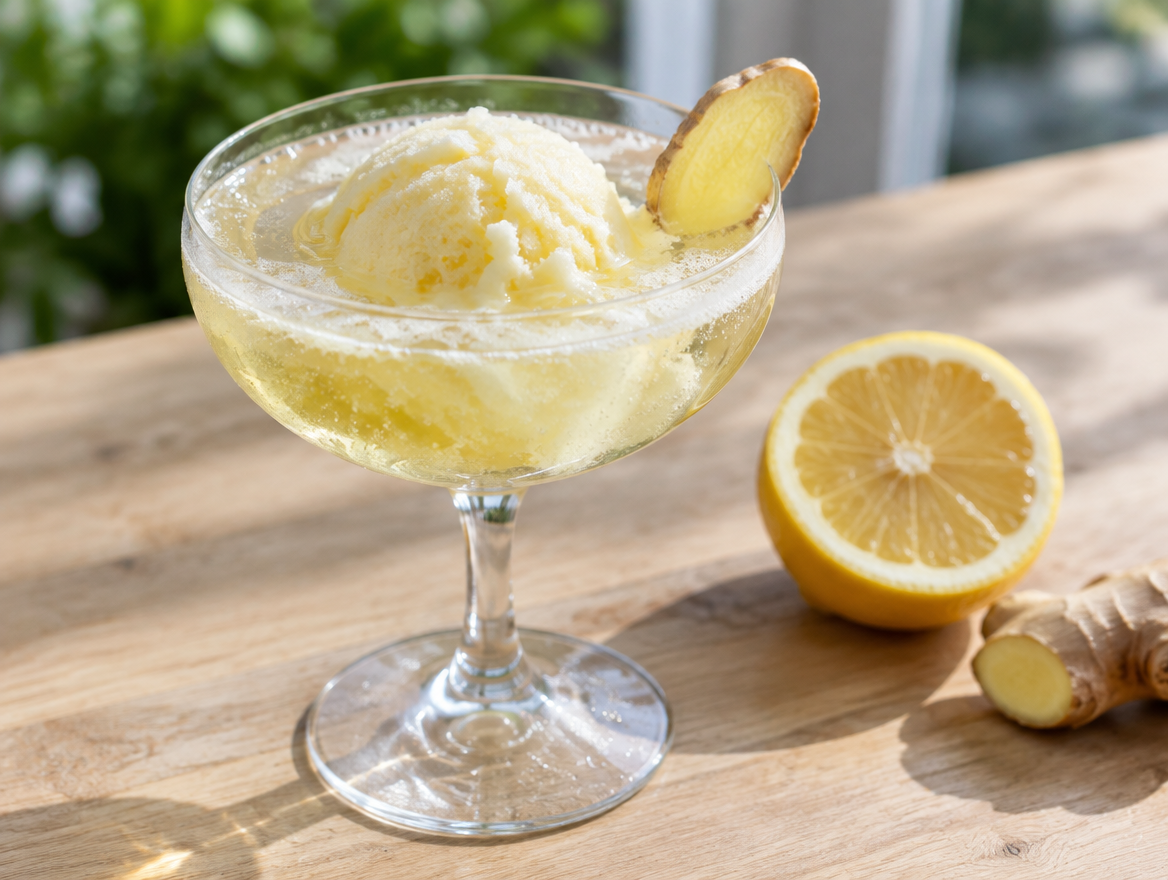 Citroensorbet met prosecco en gember in een coupeglas met een schijfje gember