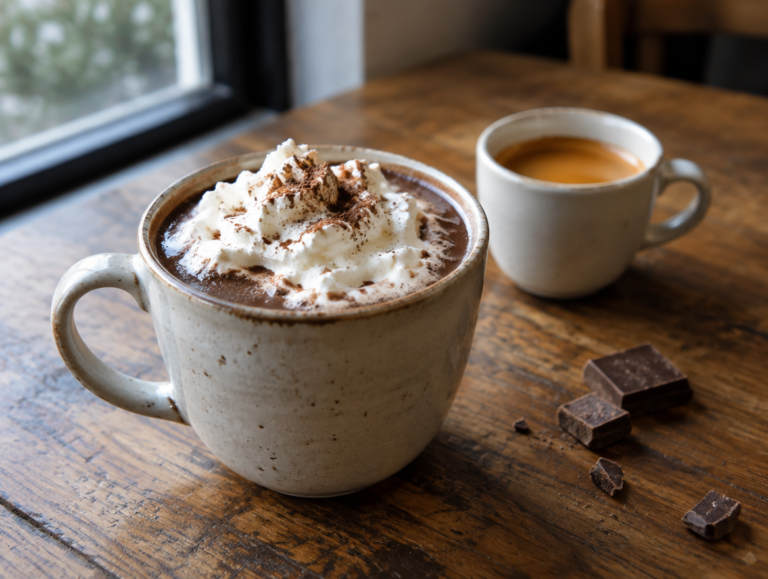 Warme chocolademelk met espresso: dik, donker en een beetje bitter