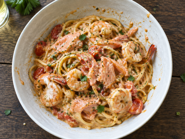 Spaghetti met zalm, garnalen en tomaat