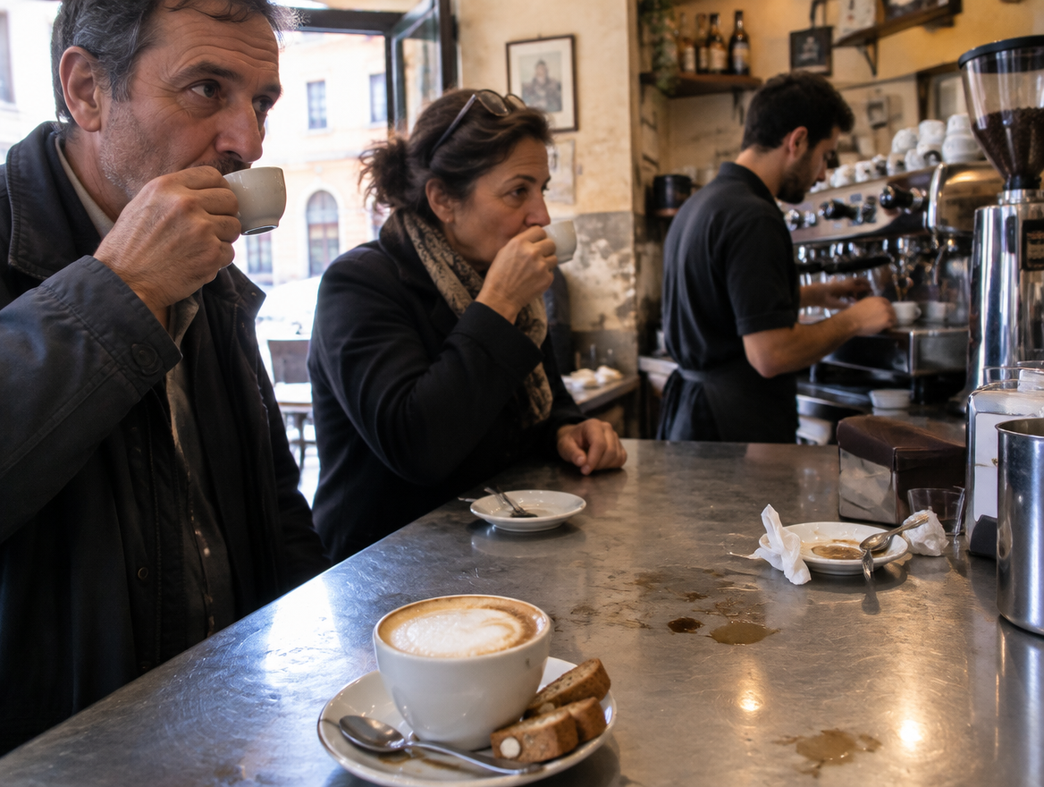 Twee Italianen drinken espresso aan de bar van een Italiaanse koffiebar, met een cappuccino en biscotti op het aanrecht