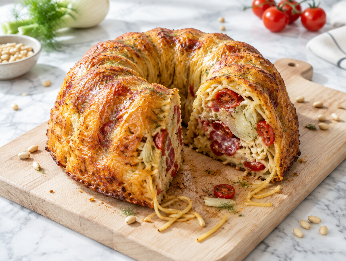 spaghettitaart met salami en venkel in tulbandvorm