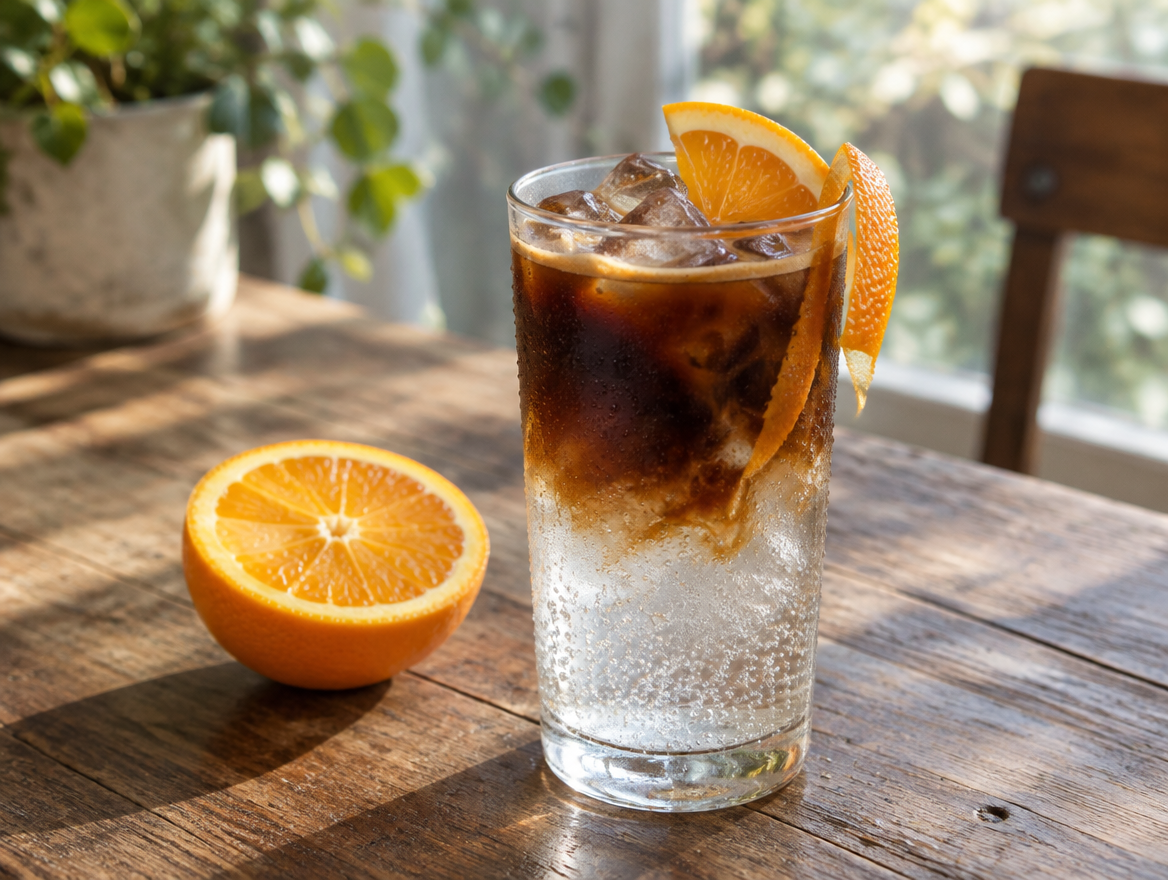 Espresso met sinaasappel in een hoog glas met ijs, bruisend water en sinaasappelschil
