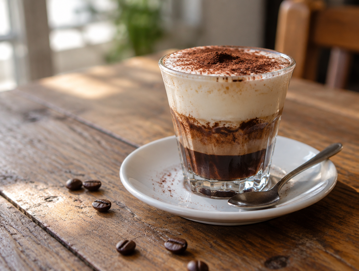 Marocchino met pure cacao in een klein glas met lagen espresso en melkschuim