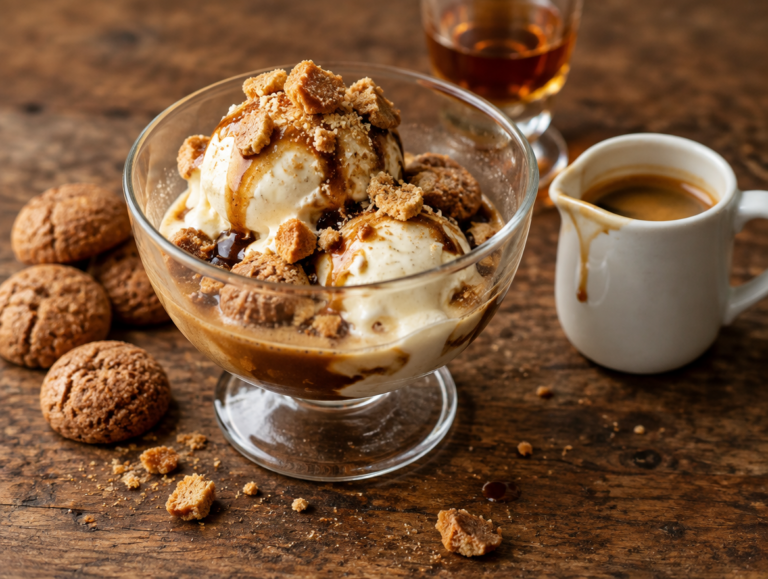 Affogato met amaretto en gebroken amaretti: ijs, koffie en amandel