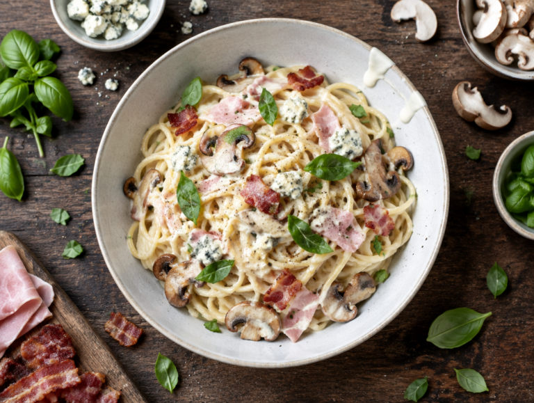 Spaghetti met bacon, ham en gorgonzolasaus