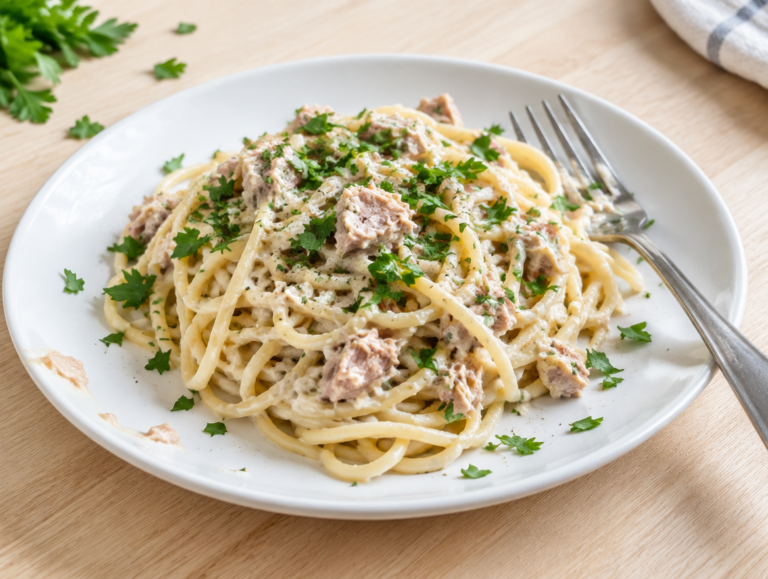 Spaghetti met tonijn en crème fraîche