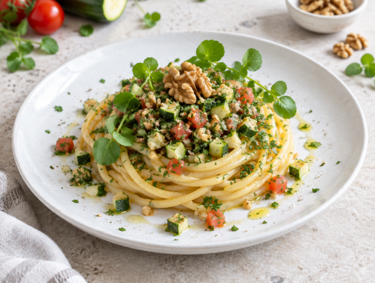 Spaghetti met koude saus van courgette en walnoot