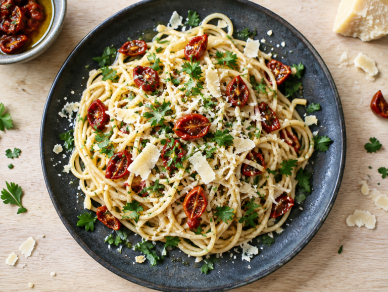 Spaghetti met zelfgemaakte halfgedroogde tomaten