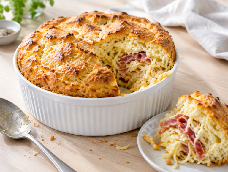 Spaghettisoufflé met pecorino en rauwe ham