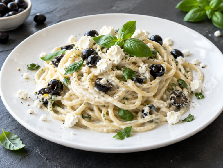 Spaghetti met geitenkaassaus, zwarte olijven en basilicum