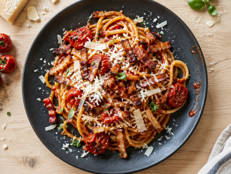Spaghetti met saus van geroosterde tomaten en krokant spek