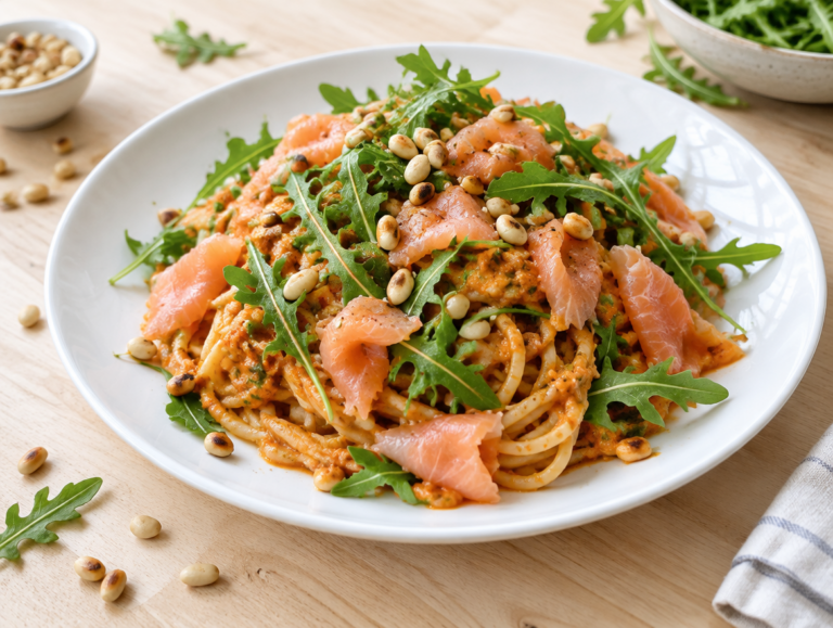 Spaghetti met rucola, gerookte zalm en tomatenpesto