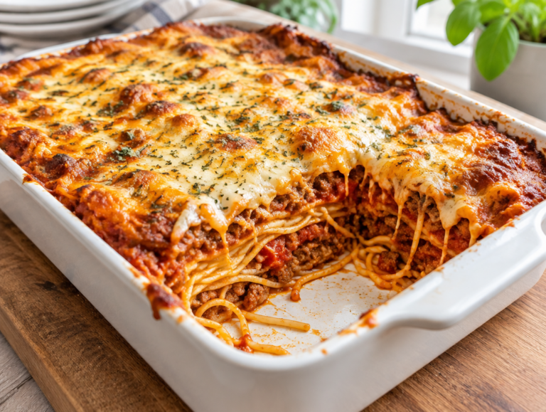 Spaghetti-ovenschotel met gehakt en kaassaus