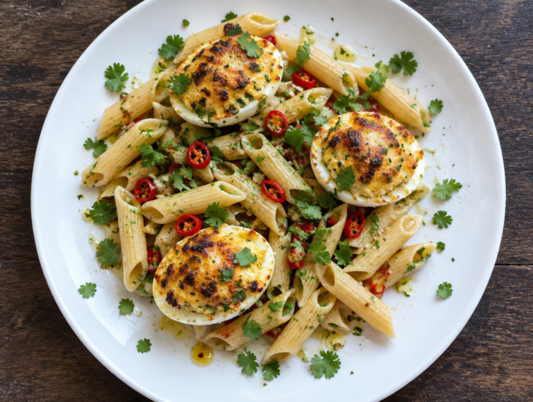Penne met gegratineerde gevulde eieren en koriander