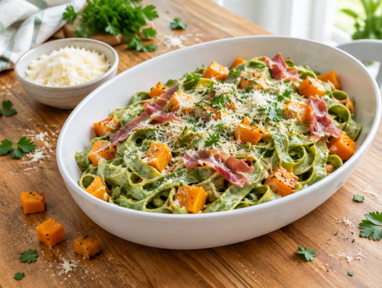 Groene tagliatelle met pompoen en Parmaham
