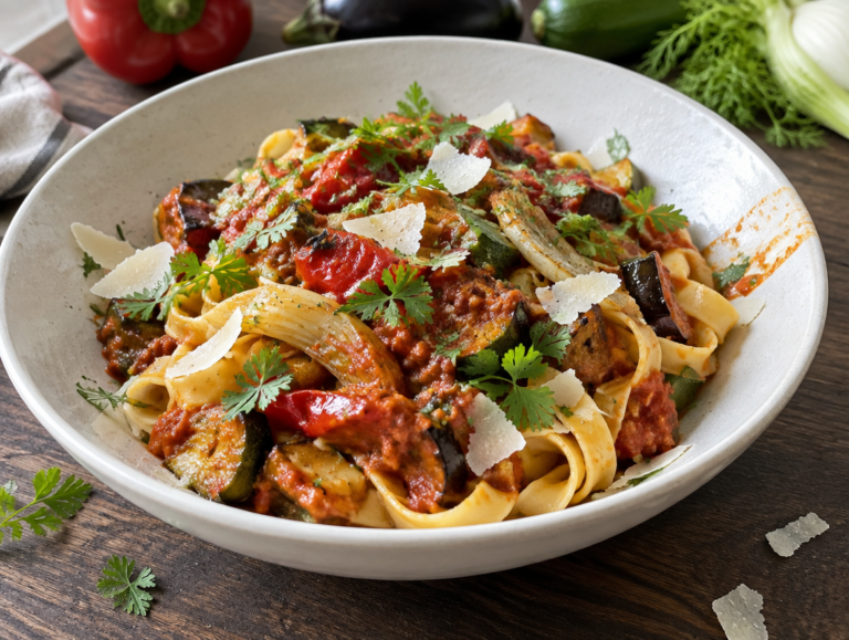 Tagliatelle met saus van geroosterde groenten