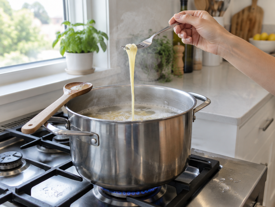 Hoe lang pasta koken: een vork tilt een sliert spaghetti uit de kokende pan om te proeven